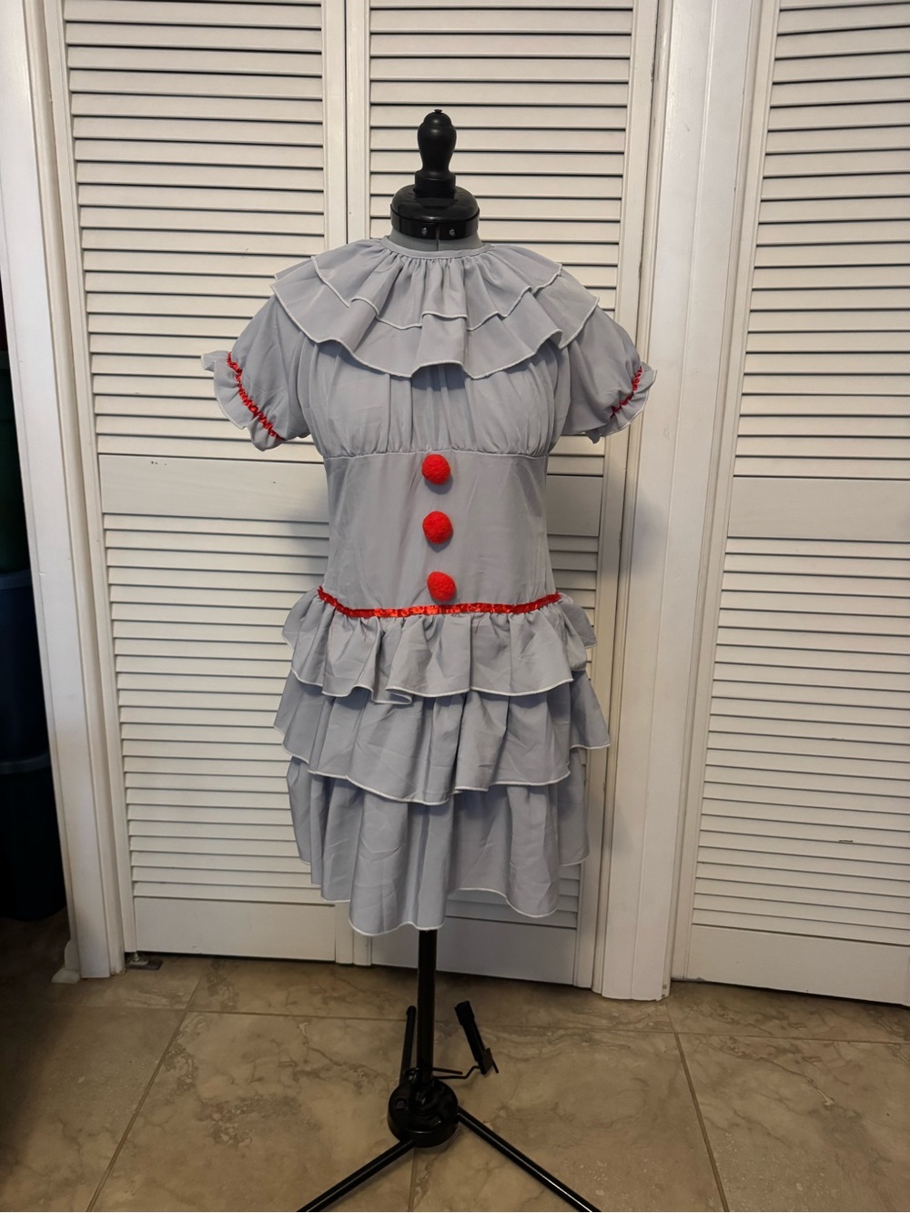 Light Gray Ruffle Tiered Dress Clown Costume with Red Accents